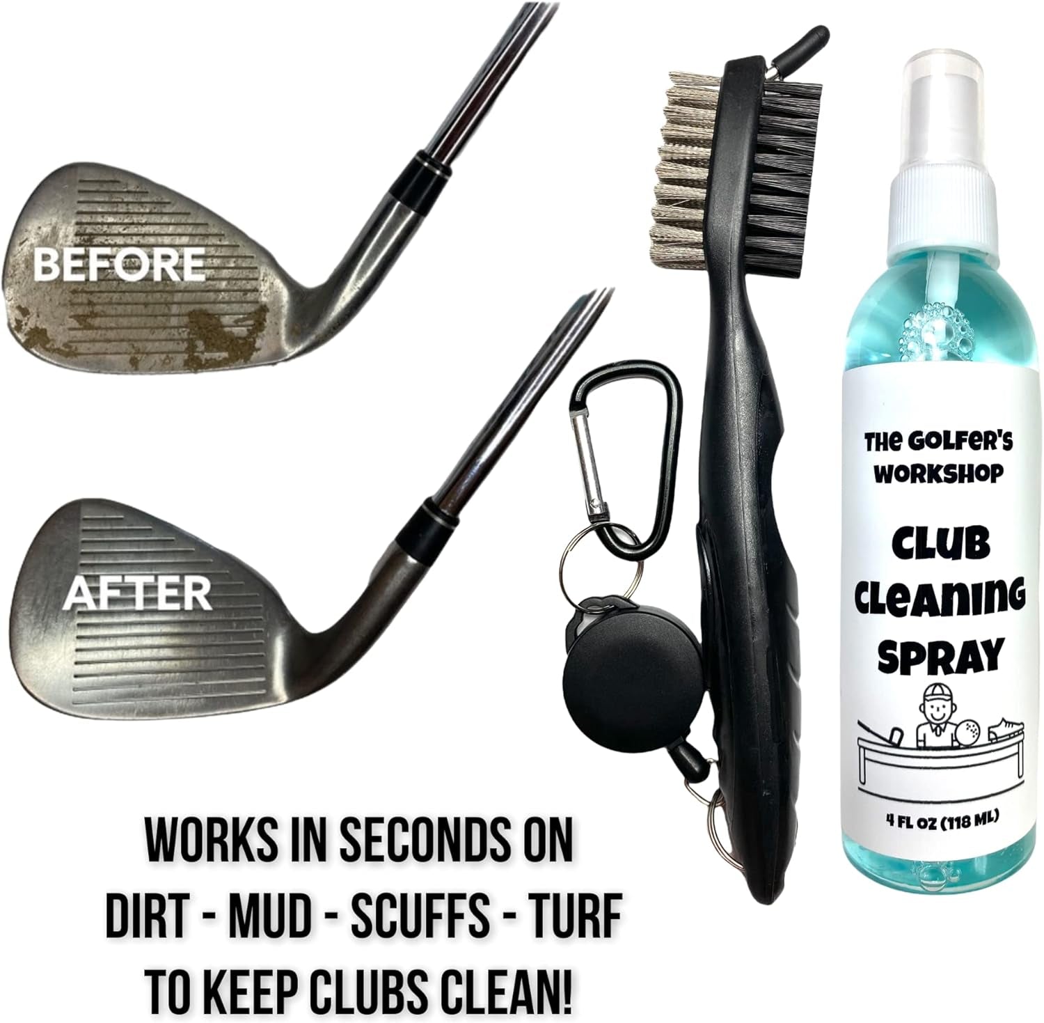 4Oz Club Cleaning Spray and Golf Club Brush with Groove Cleaner, 2Ft Retractable Zip-Line, Carabiner Clip