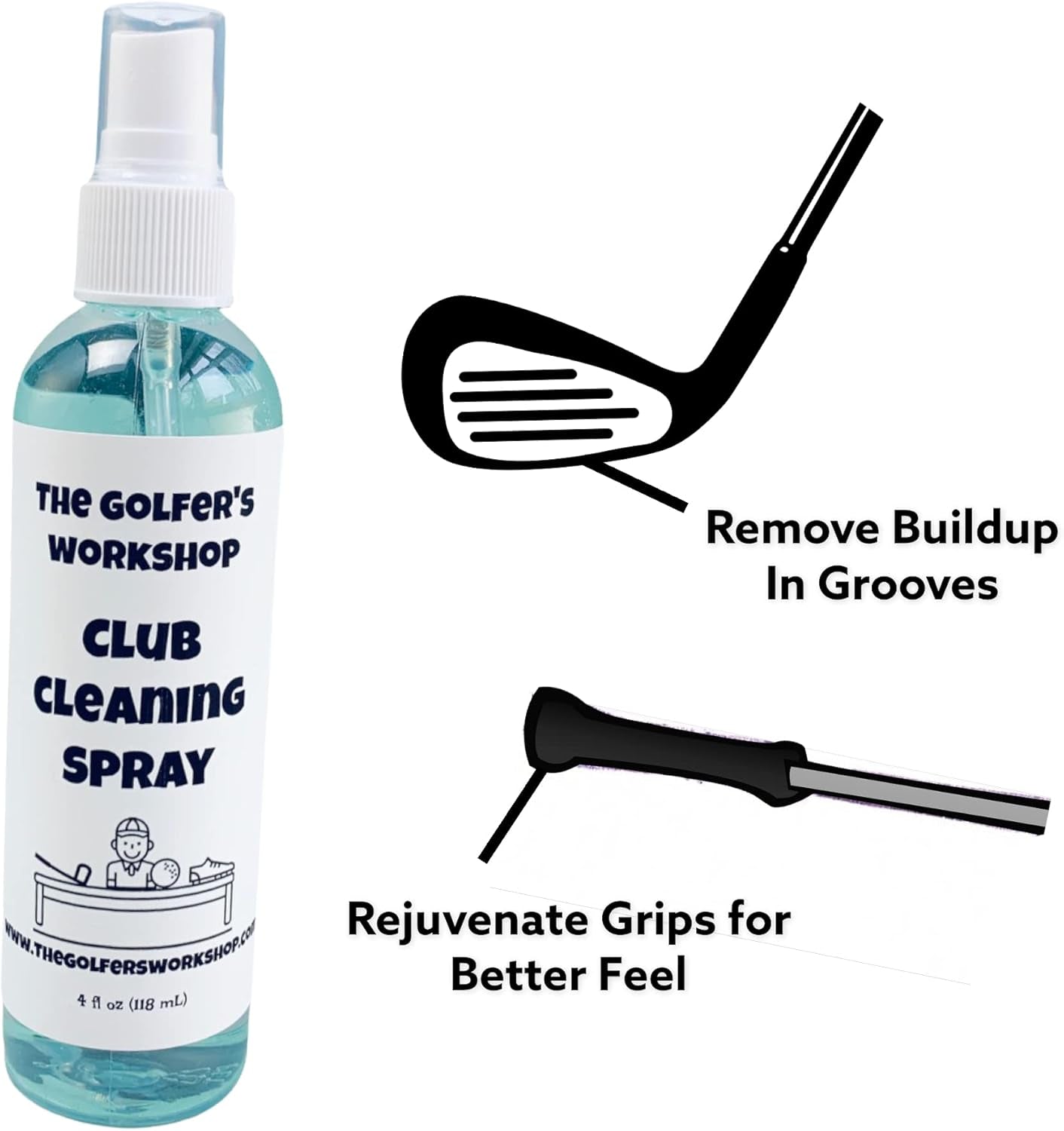 4Oz Club Cleaning Spray and Golf Club Brush with Groove Cleaner, 2Ft Retractable Zip-Line, Carabiner Clip