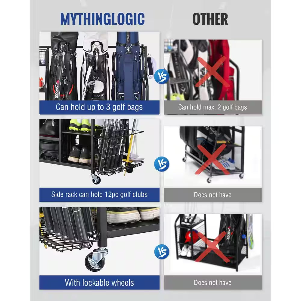 161 Lbs. Weight Capacity 3 Golf Bags Sport Storage Organizer Extra Large Size Golf Storage Rack Golf Organizer