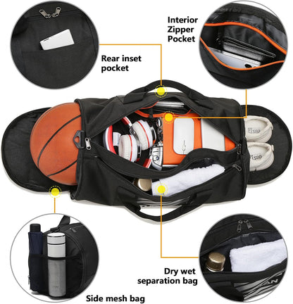 Professional Gym Duffle Bag for Men and Women with Wet Pocket and Shoe Compartment - 40L Travel Tote for Sports, Basketball, and Football - Black