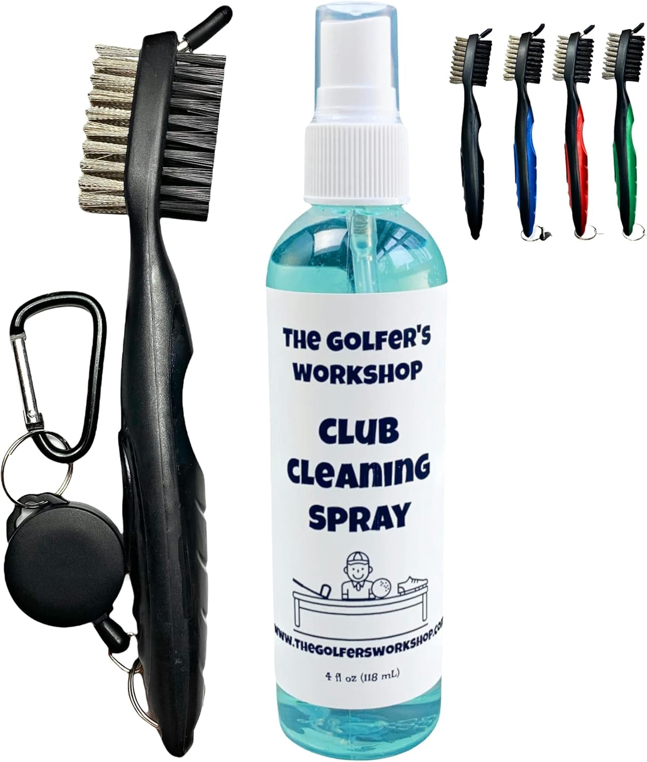 4Oz Club Cleaning Spray and Golf Club Brush with Groove Cleaner, 2Ft Retractable Zip-Line, Carabiner Clip