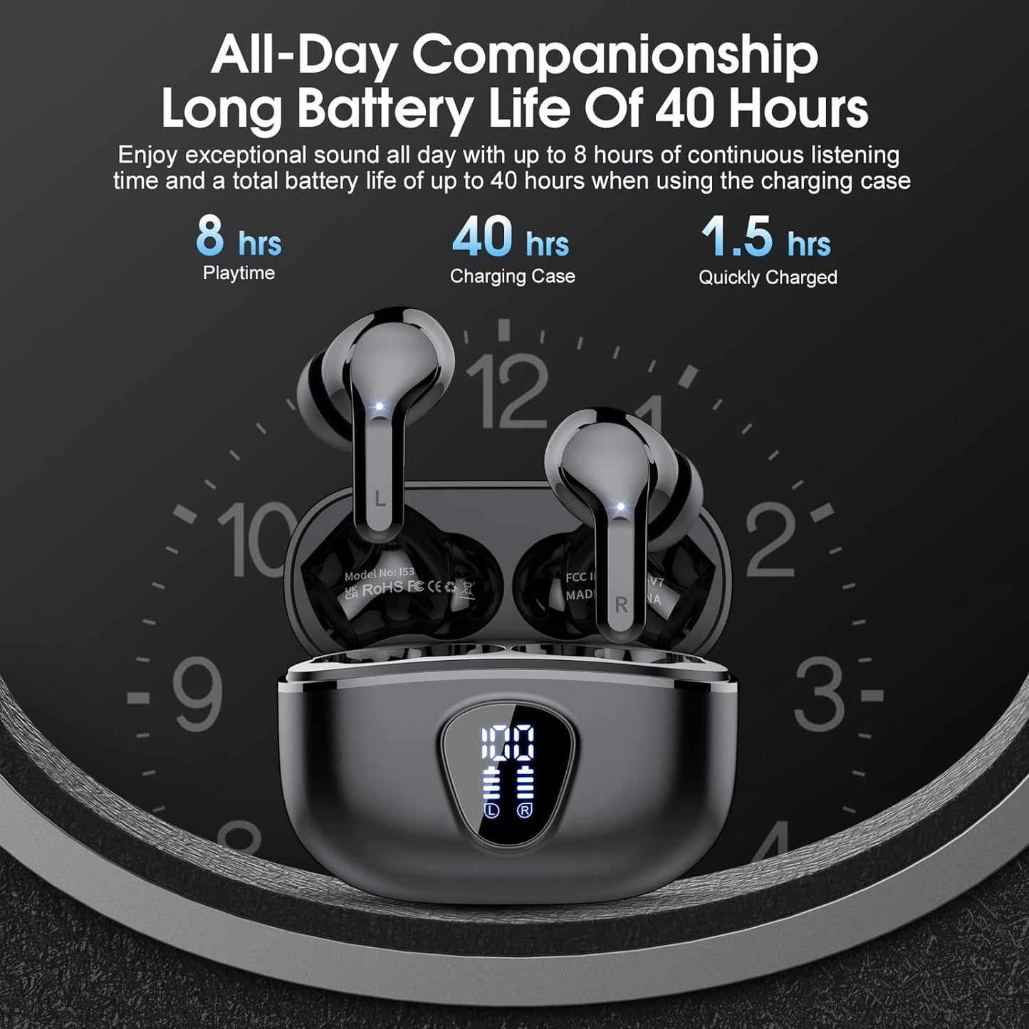 Wireless Earbuds, Bluetooth 5.4 Headphones Hifi Stereo, Bluetooth Earbuds with ENC Noise Cancelling Mic, IP7 Waterproof in Ear Earphones, 48H, LED Display Ear Buds for Pad Workout Sports, Black