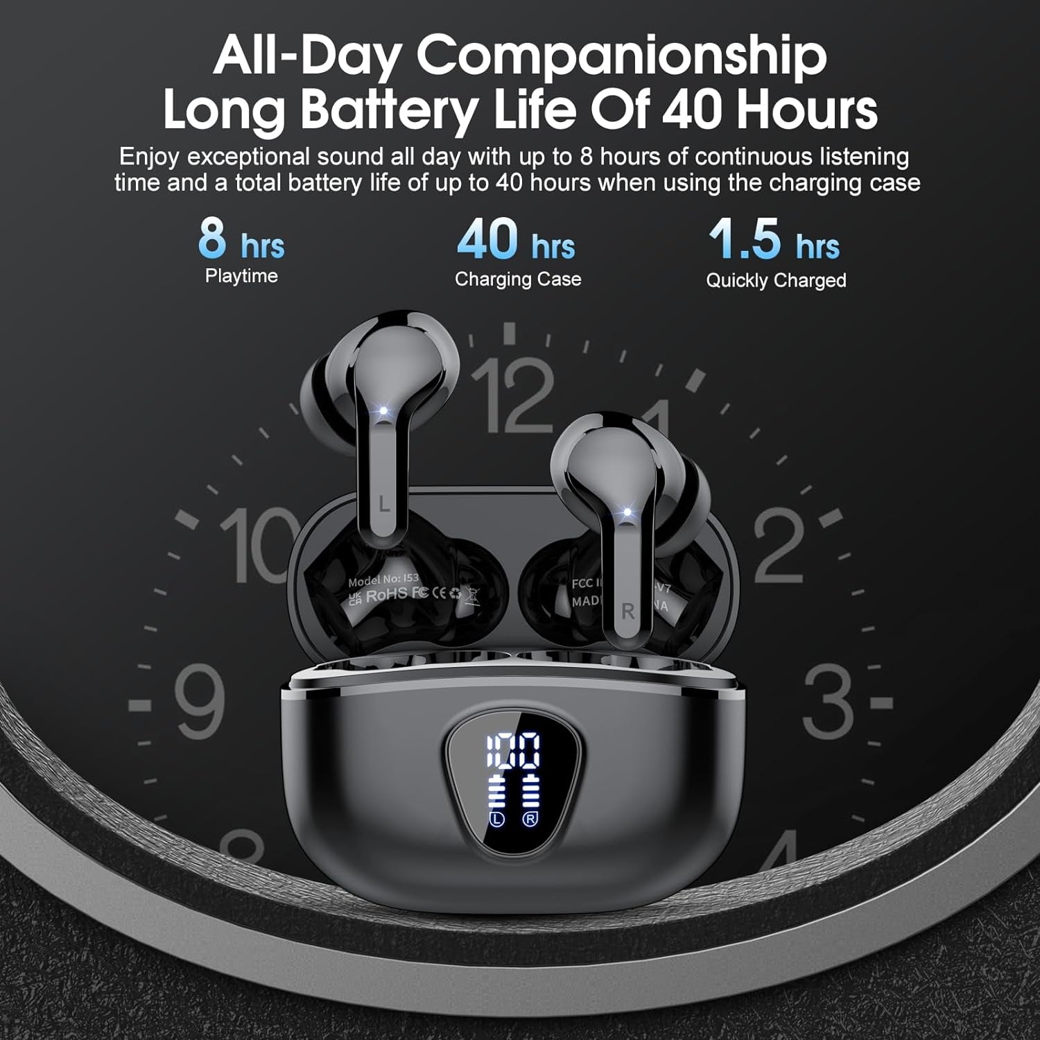 Wireless Earbuds, Bluetooth 5.4 Headphones Hifi Stereo, Bluetooth Earbuds with ENC Noise Cancelling Mic, IP7 Waterproof in Ear Earphones, 48H, LED Display Ear Buds for Pad Workout Sports, Black