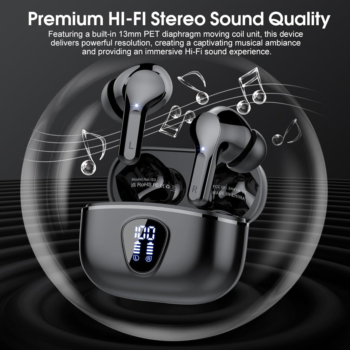 Wireless Earbuds, Bluetooth 5.4 Headphones Hifi Stereo, Bluetooth Earbuds with ENC Noise Cancelling Mic, IP7 Waterproof in Ear Earphones, 48H, LED Display Ear Buds for Pad Workout Sports, Black