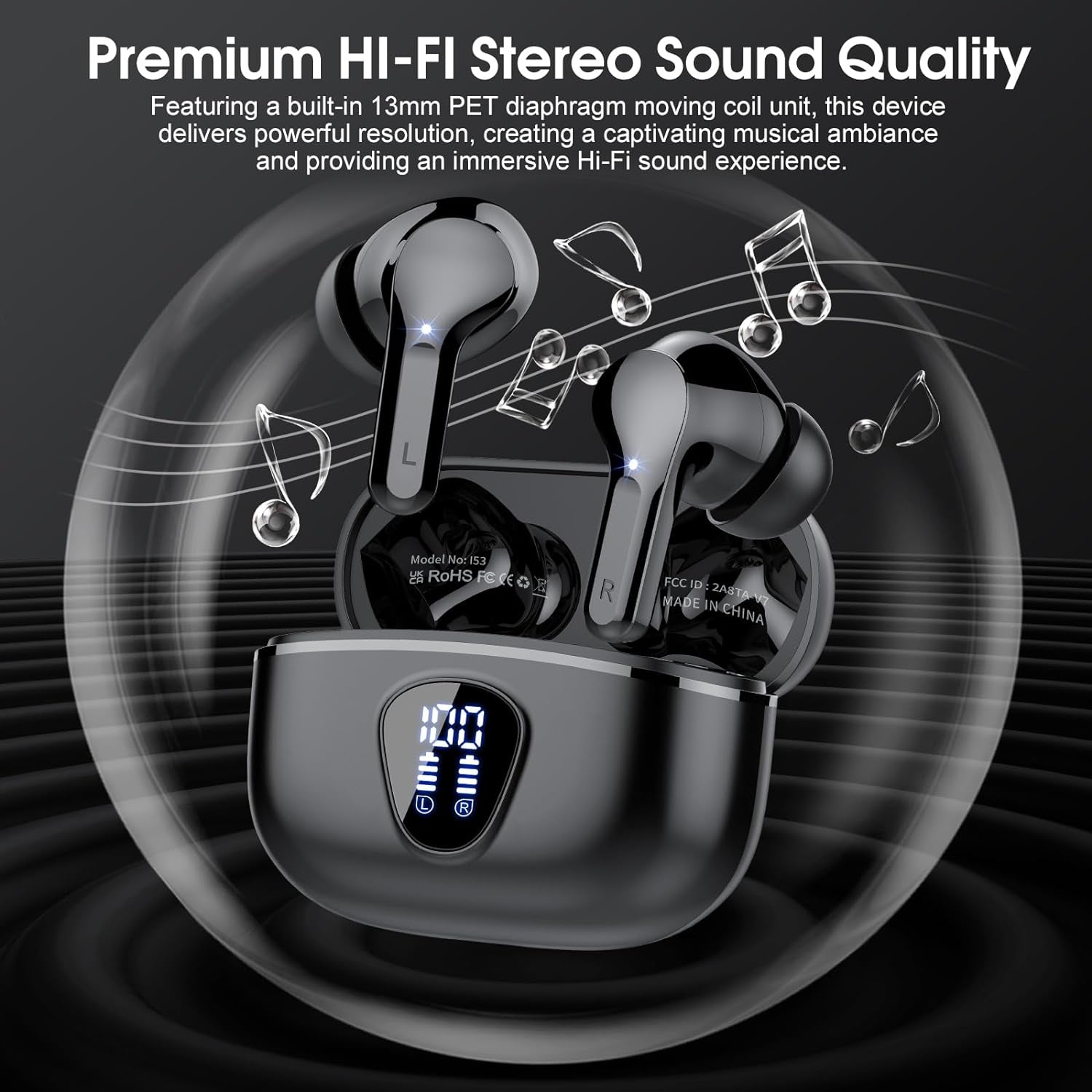 Wireless Earbuds, Bluetooth 5.4 Headphones Hifi Stereo, Bluetooth Earbuds with ENC Noise Cancelling Mic, IP7 Waterproof in Ear Earphones, 48H, LED Display Ear Buds for Pad Workout Sports, Black