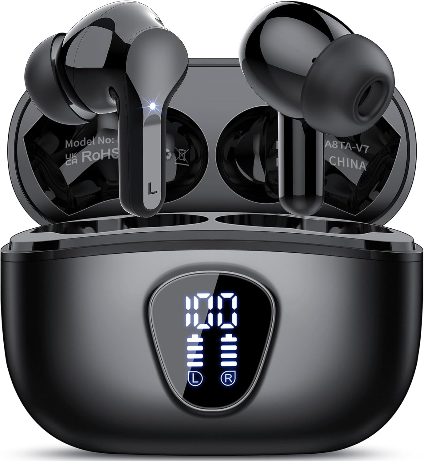 Wireless Earbuds, Bluetooth 5.4 Headphones Hifi Stereo, Bluetooth Earbuds with ENC Noise Cancelling Mic, IP7 Waterproof in Ear Earphones, 48H, LED Display Ear Buds for Pad Workout Sports, Black