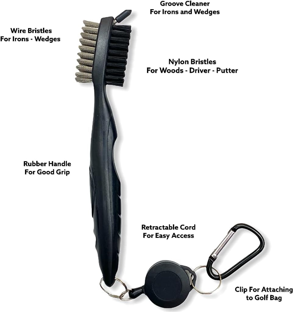 4Oz Club Cleaning Spray and Golf Club Brush with Groove Cleaner, 2Ft Retractable Zip-Line, Carabiner Clip