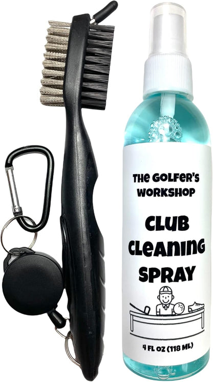 4Oz Club Cleaning Spray and Golf Club Brush with Groove Cleaner, 2Ft Retractable Zip-Line, Carabiner Clip